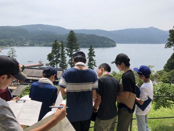 芦ノ湖周辺の地形を観察する生徒